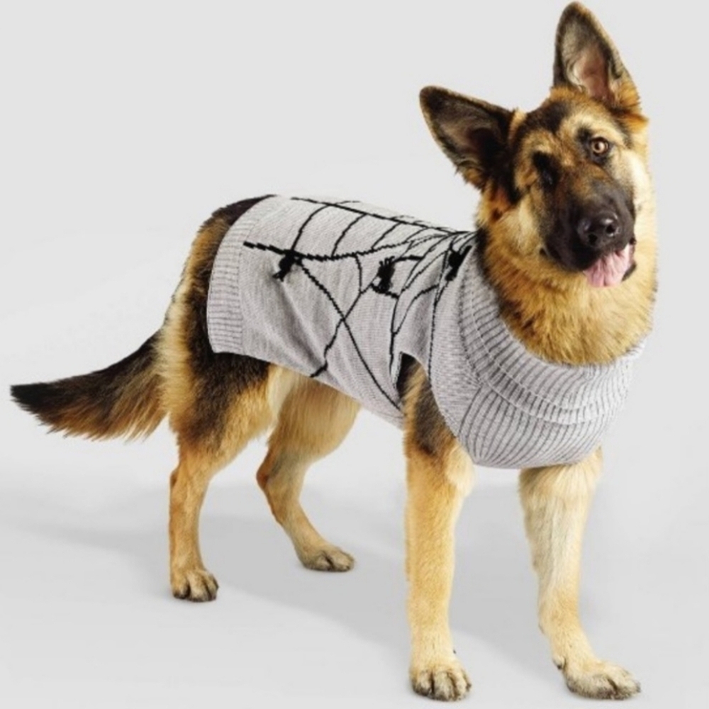 Hyde and Eek! Pet Spiderweb Grey Knit Sweater Halloween Fall October 3D Spiders
